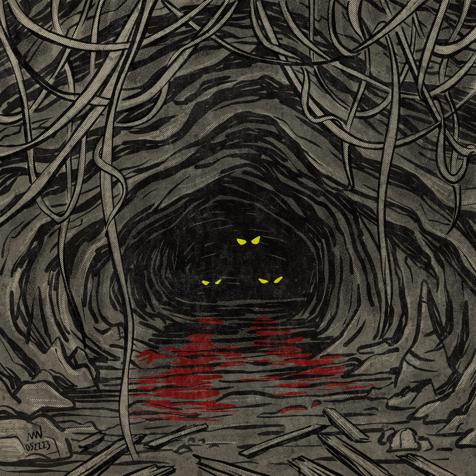 Three sets of glowing eyes lurk inside a cave mouth.