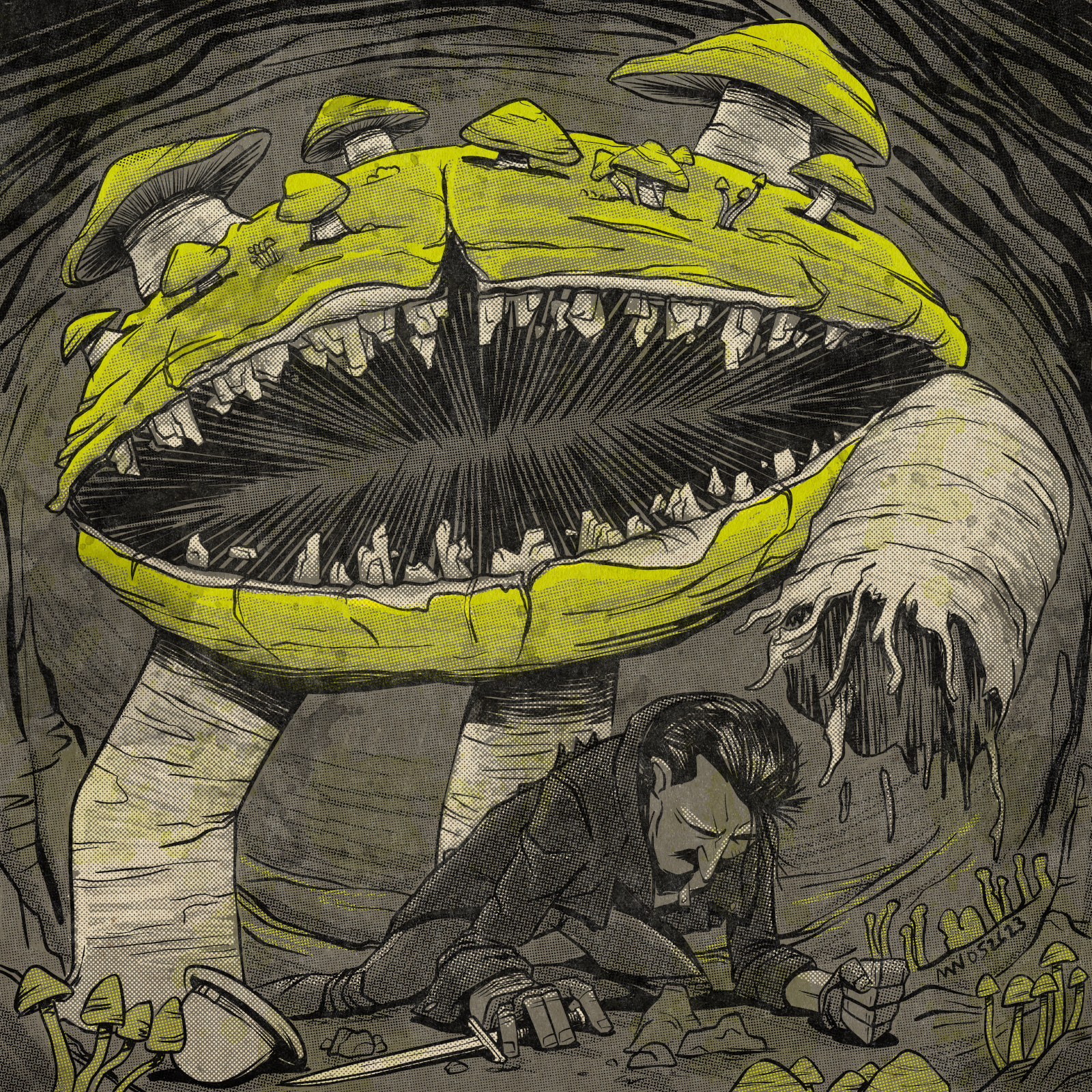 A huge mushroom monster looms over Rony lying in pain on the ground.