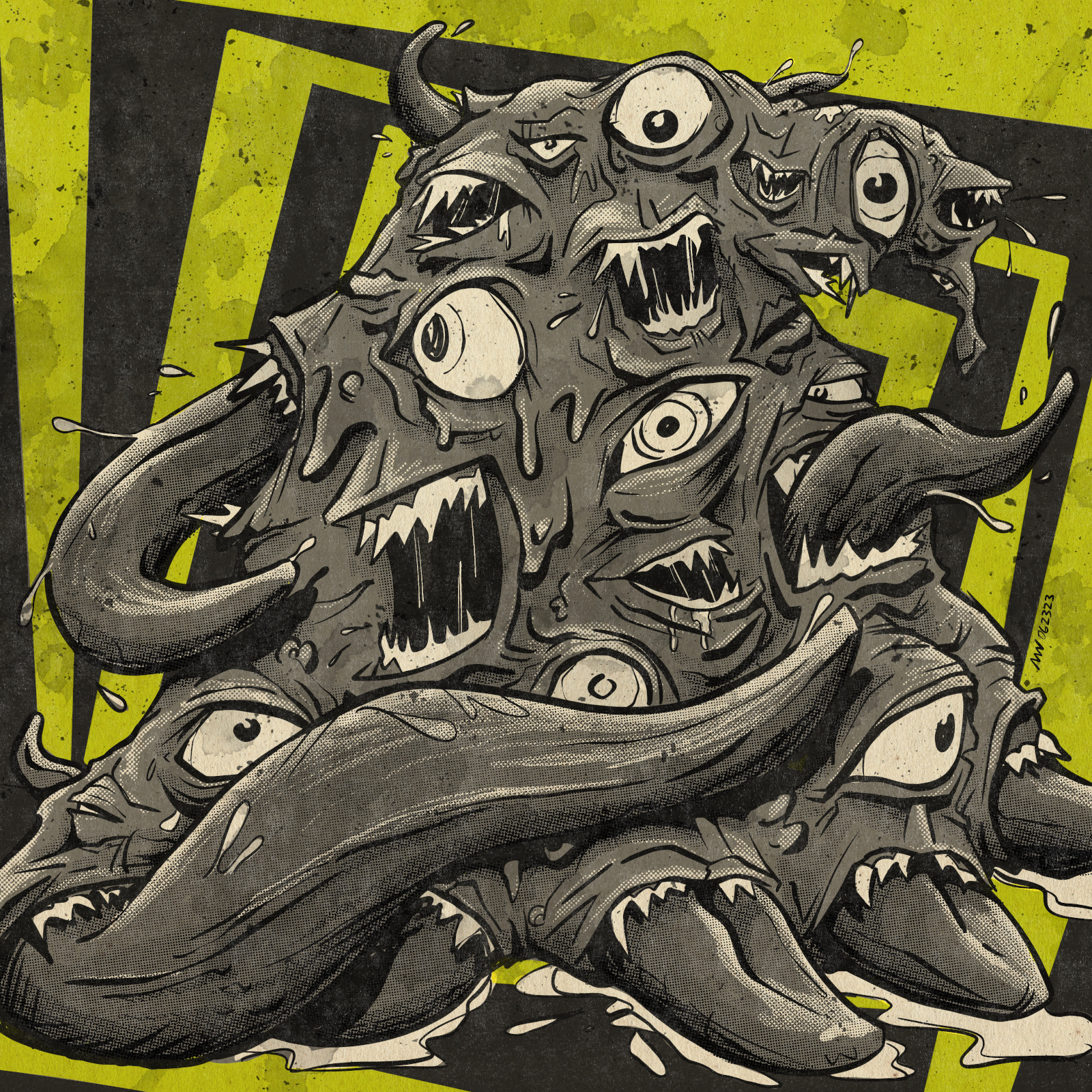 A mass of eyes, mouths, and tentacles menaces.