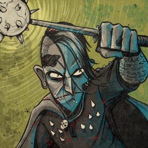 Ray brandishes his morningstar in an eerie blue light.