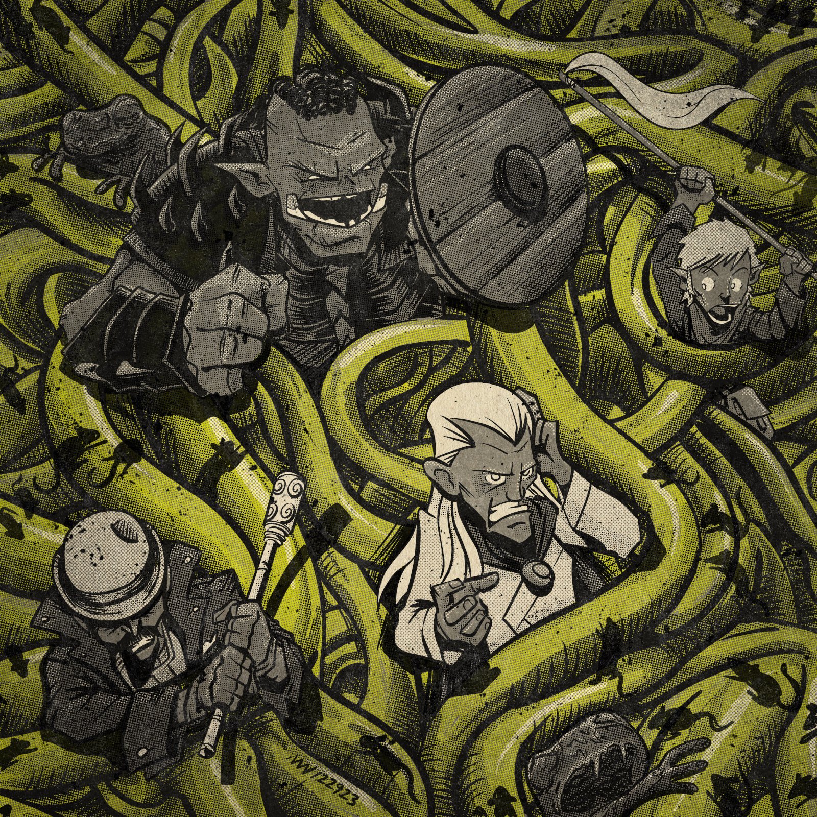 Dora, Dabwick, Grip & Rony do battle in a field of tentacles.