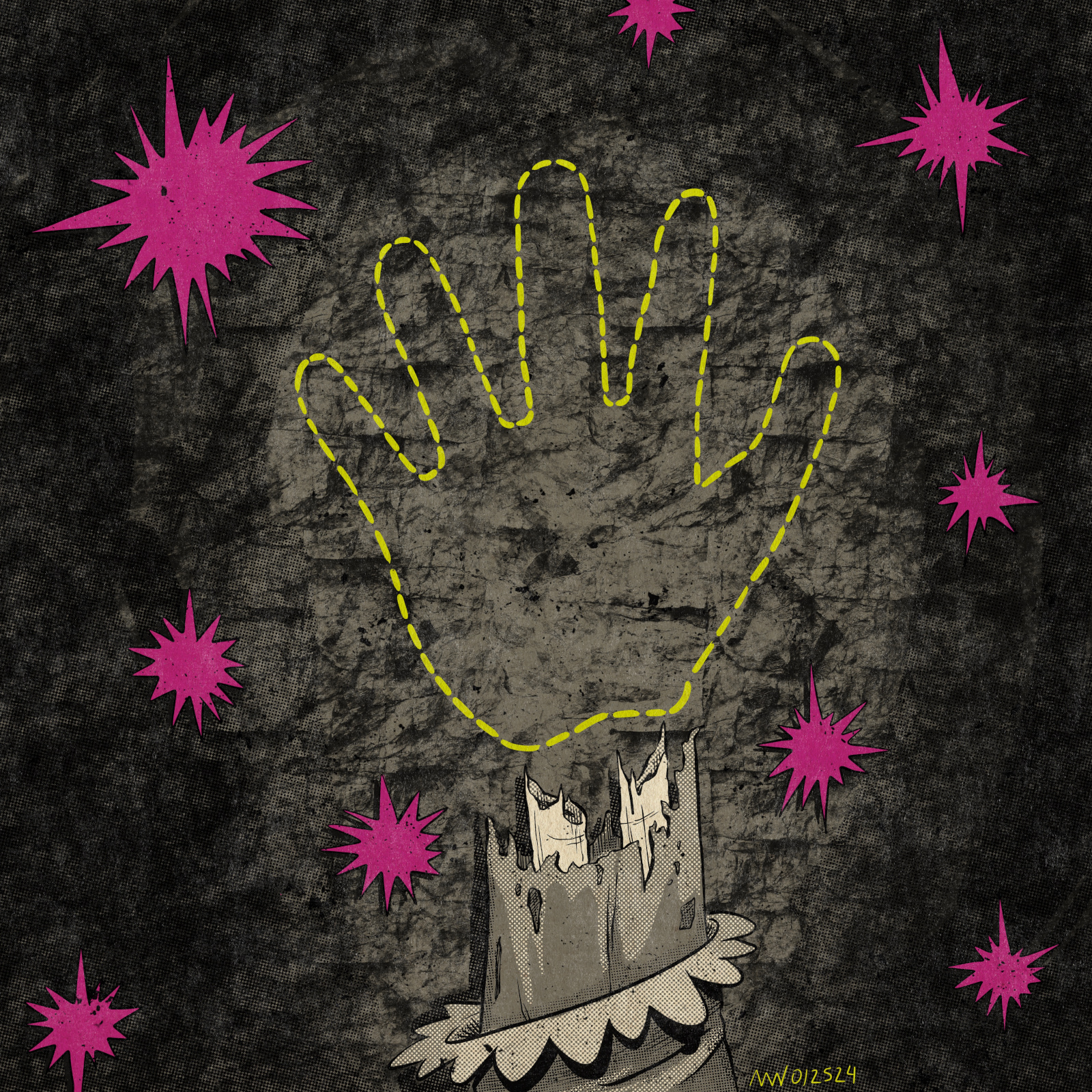 The yellow outline of a hand floats above a severed wrist stump.