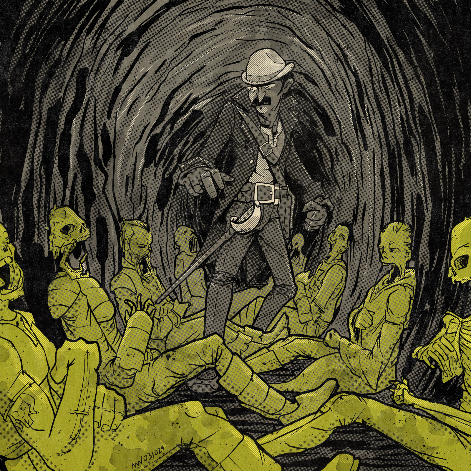 Rony walks down a corpse-filled hallway.