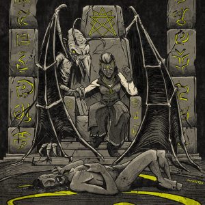 Melisenn sits on a yellow throne as the corpse of a man lies before her and a winged monster looms behind her.