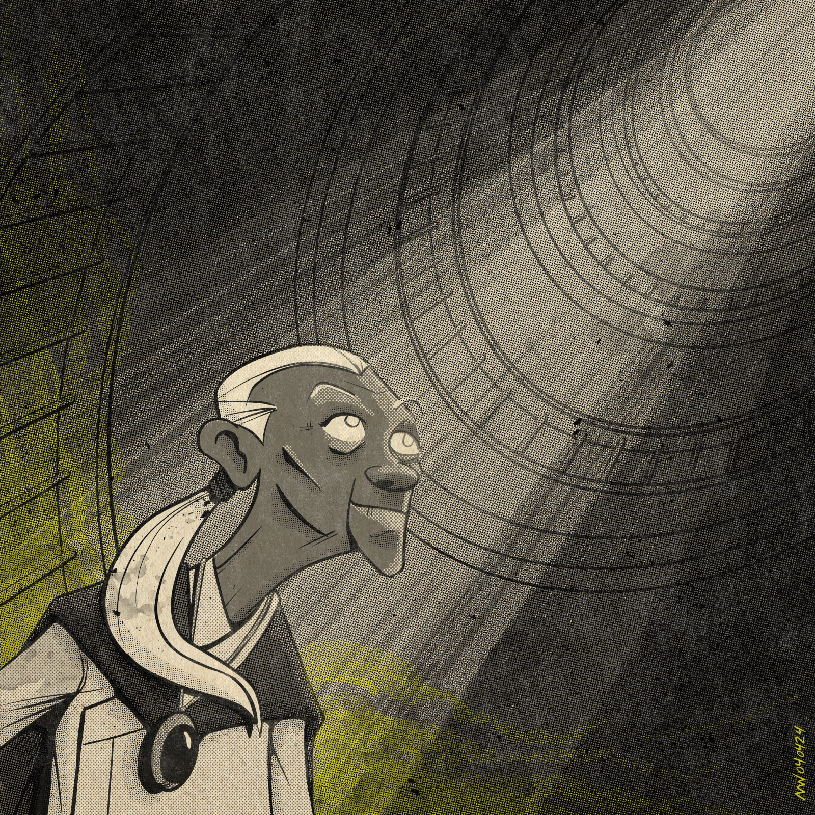 Dora sits in a ray of light at the bottom of a set of spiral stairs.