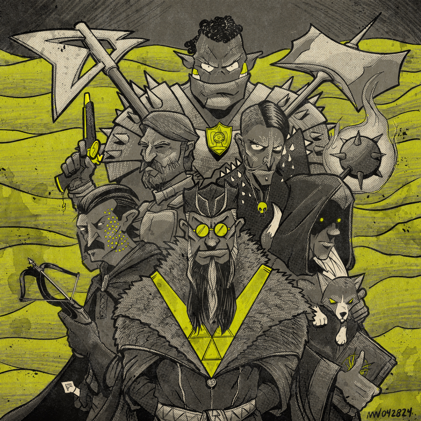 A group shot of the old party in the desert: Riptusk, Vatticus, Ray, the Triangle Man, Thema, and Lowls.