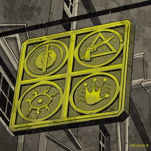 A sign with four sigils hangs over a storefront.