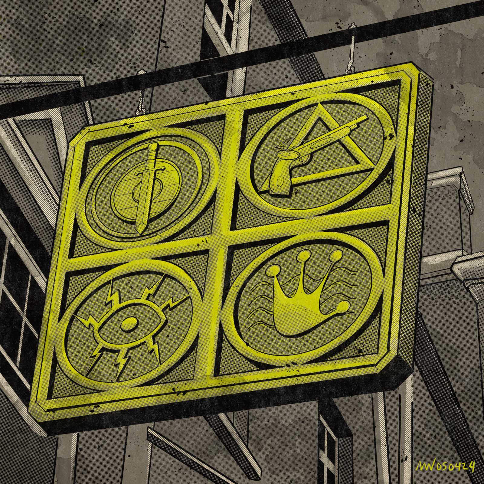 A sign with four sigils hangs over a storefront.