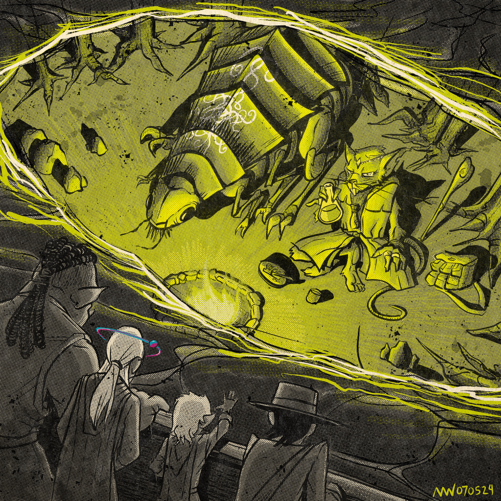 The party stares through a window in the water at a robed ratfolk and a giant flea.