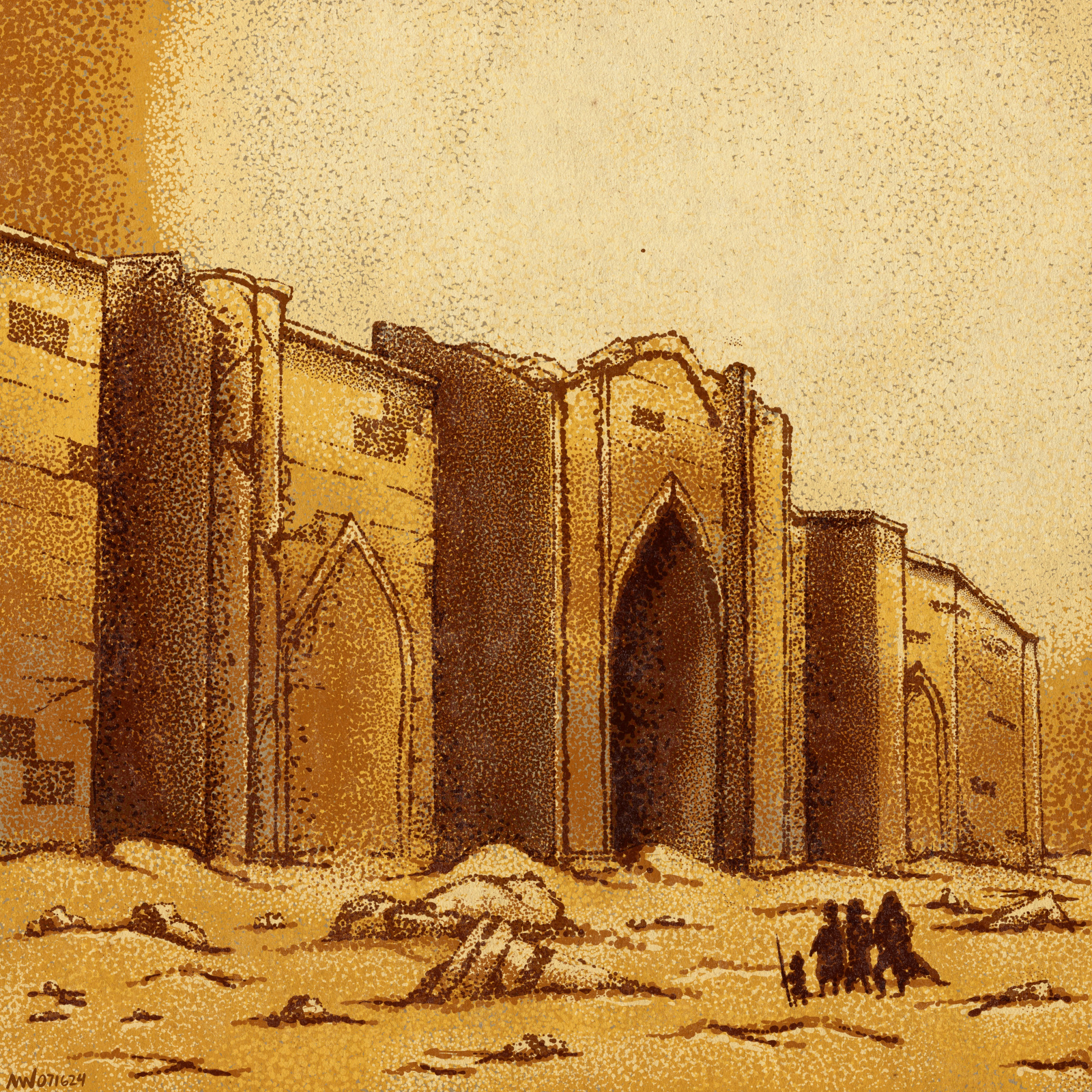 Four small figures stand before a crumbling structure in a desert, beneath a massive sun.