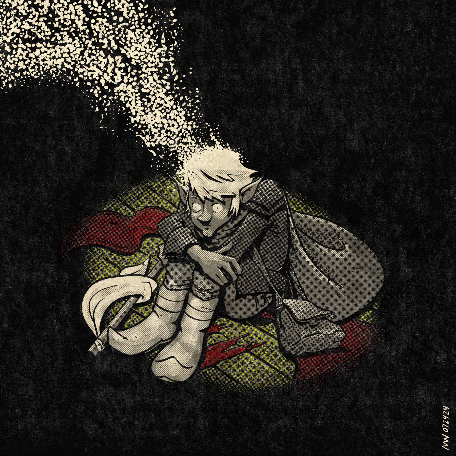 Dabwick huddles in a small pool of light as a cloud of gray matter leaks from their head.