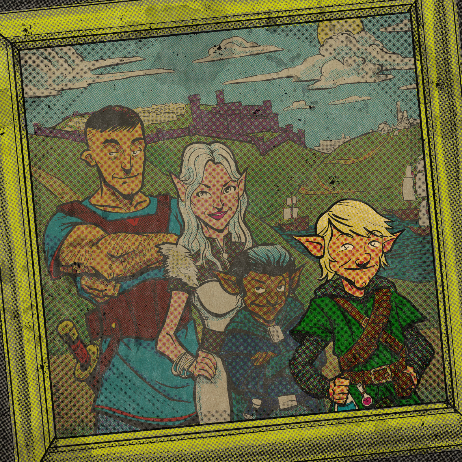 A portrait of a young Dabwick with three friends hangs askew.