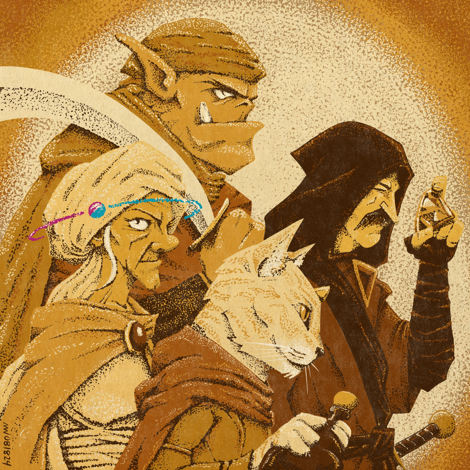 Grip, Vik, Dora, and Cat-wick stand before a blazing sun.