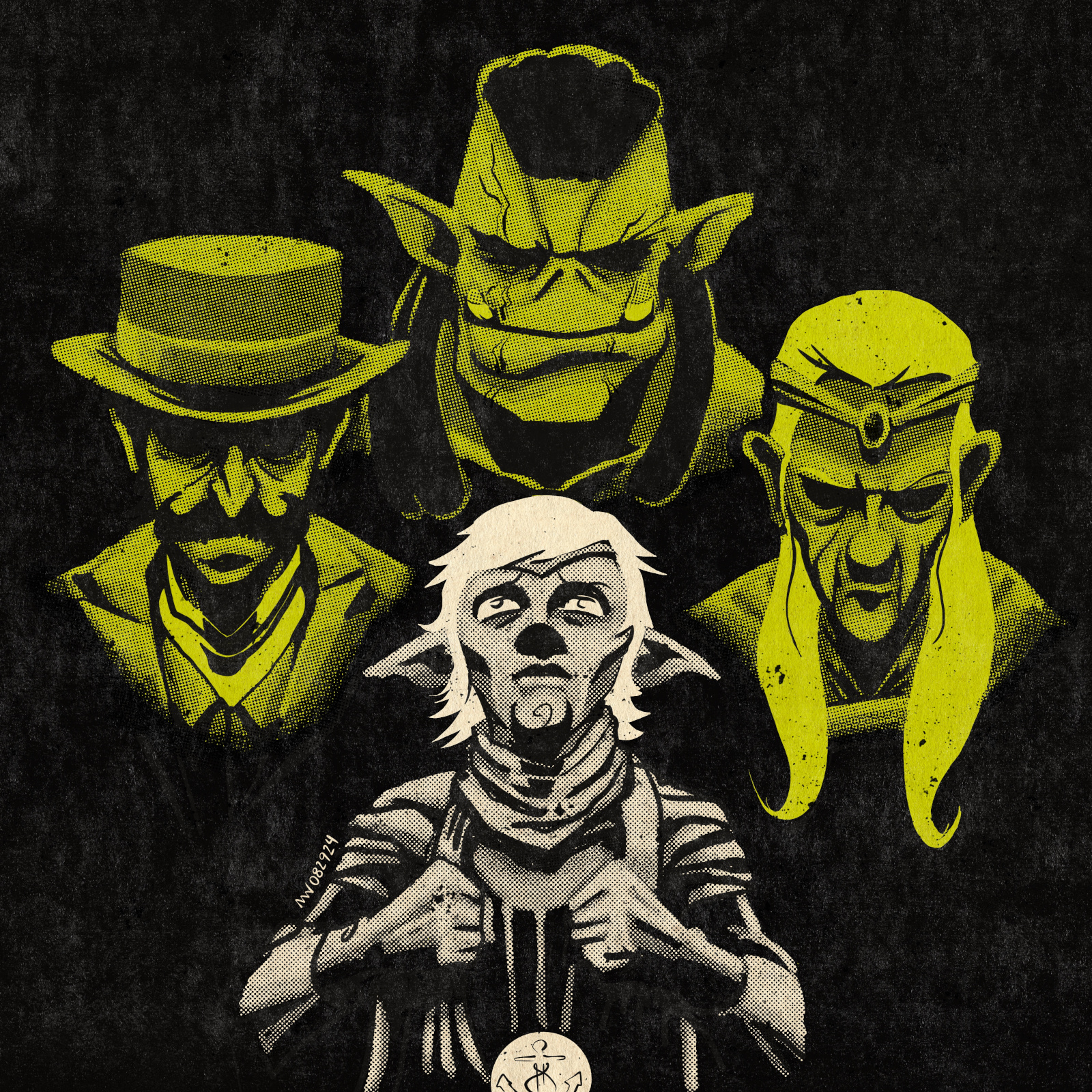 Dabwick, colored in white, looks up at Vik, Grip, and Dora, who are colored yellow and staring down.