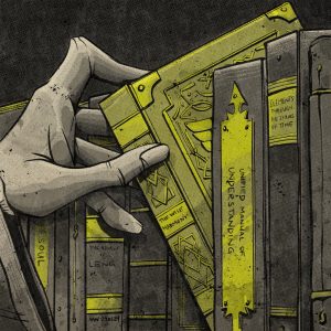 A hand reaches for a book on a shelf of many books.