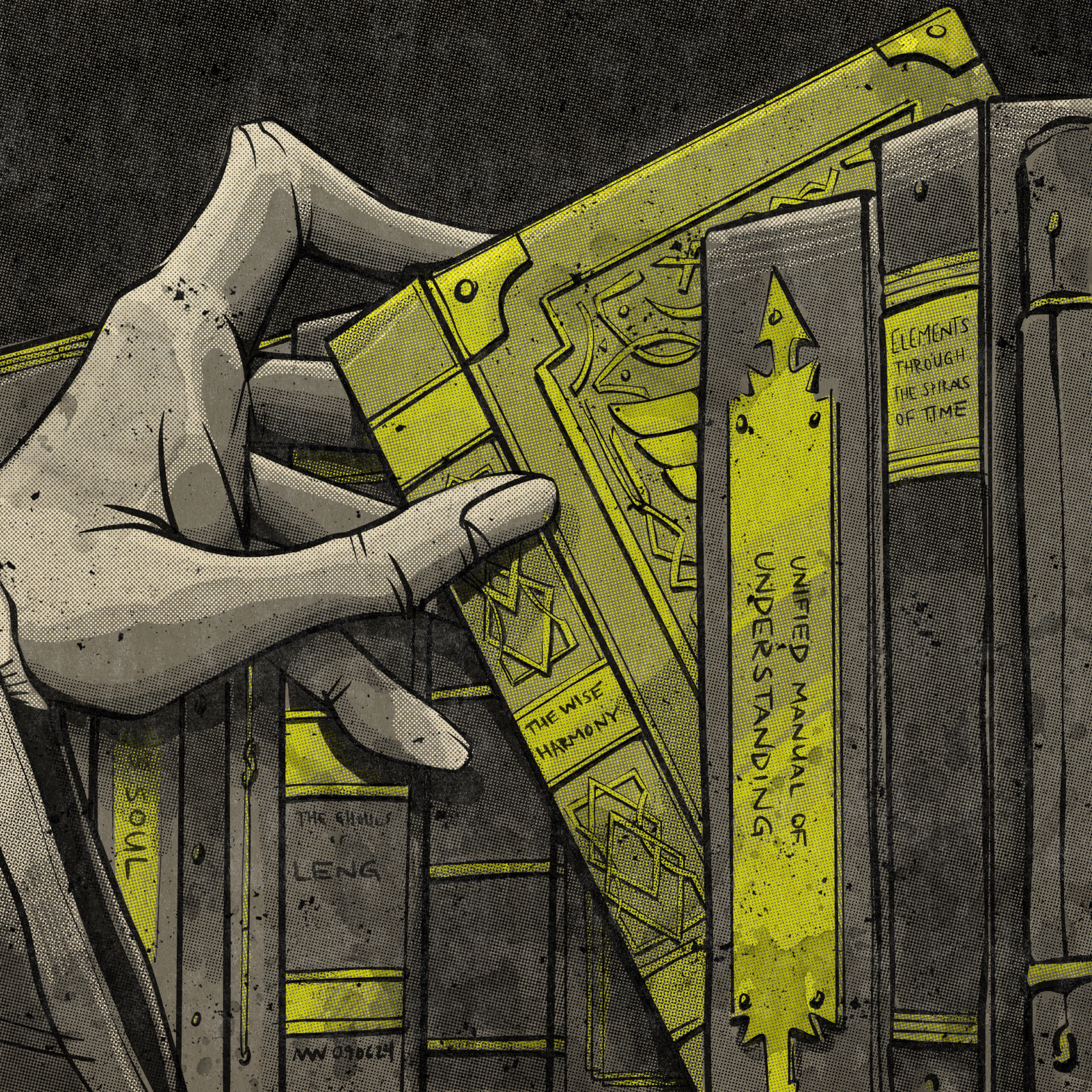 A hand reaches for a book on a shelf of many books.
