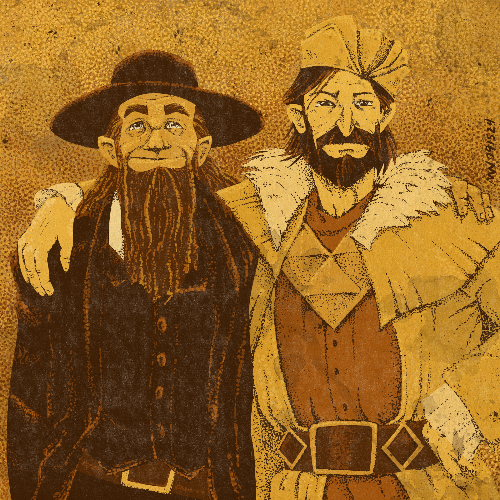 Vik and the Yellow King stand with their arms around each other's shoulders.