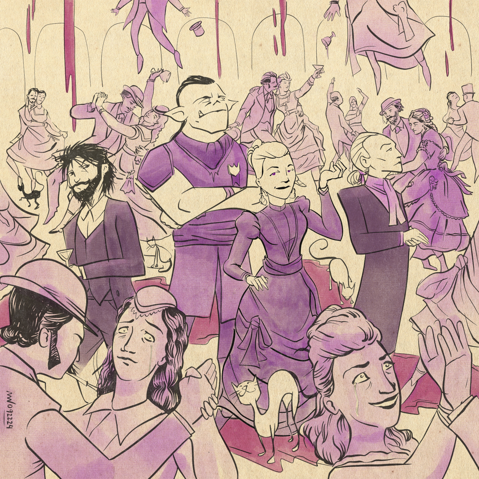 The party stands in fancy dress at an extravagant ball.