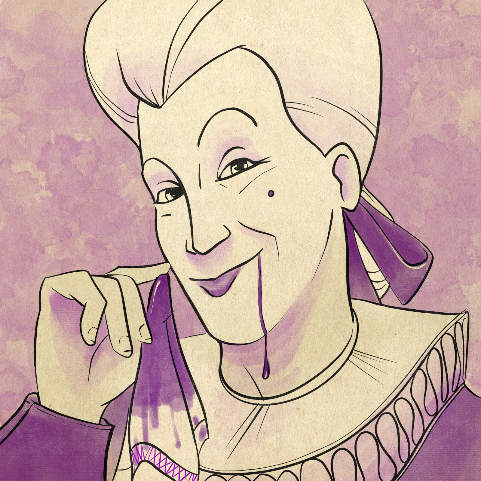 A smiling man, sharply dressed, wipes leaking dark fluid from the corner of his mouth with a handkerchief.