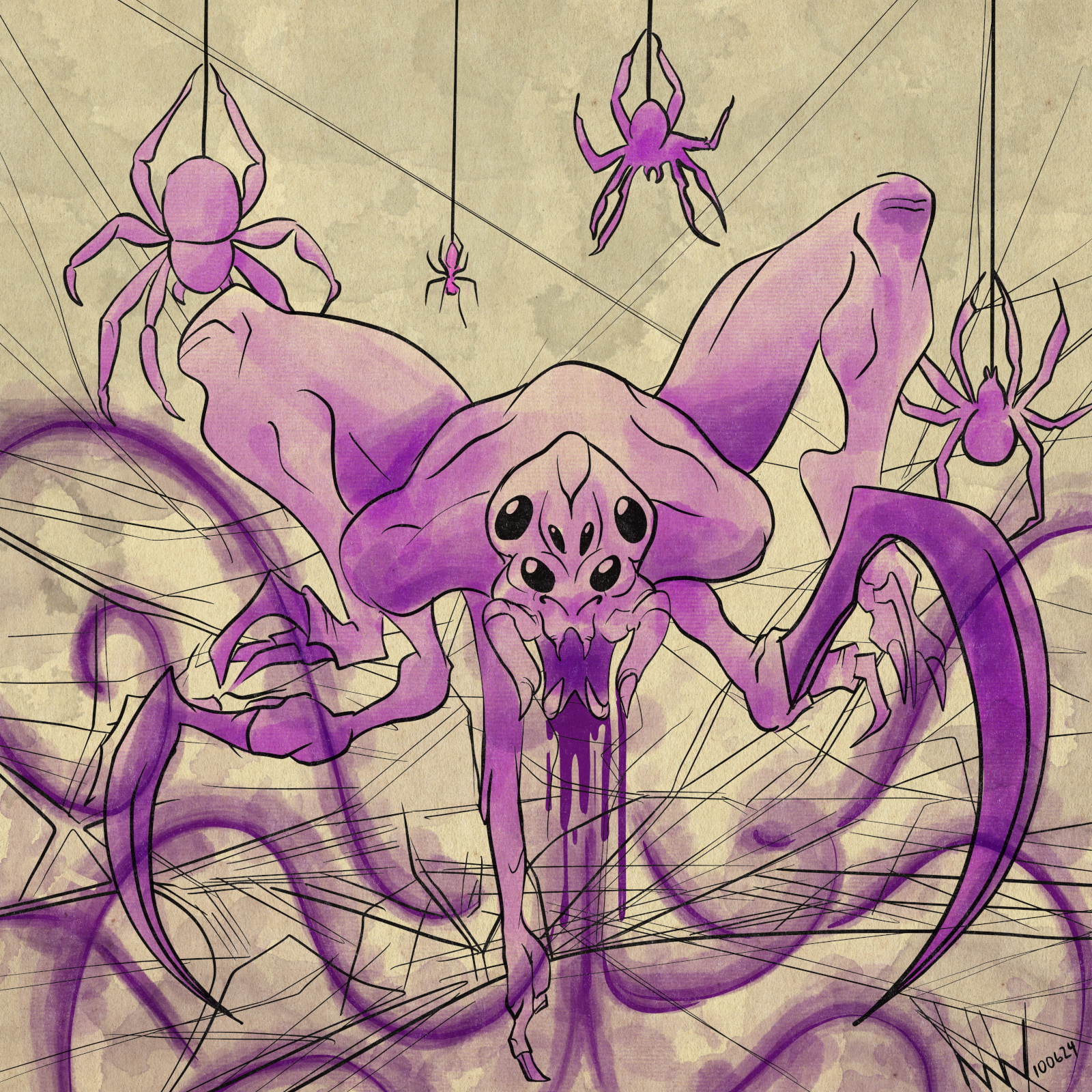 A purple human/spider hybrid menaces the viewer.