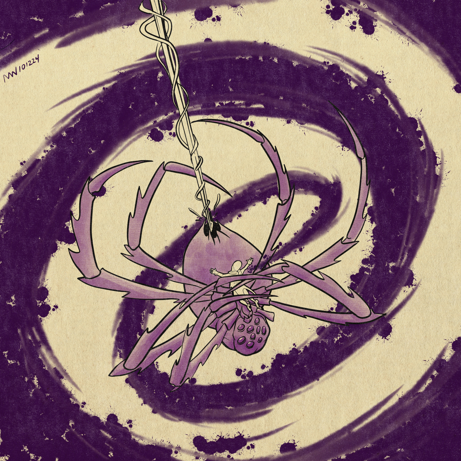 Viscount Brellin dances in the arms of a giant mutant spider.