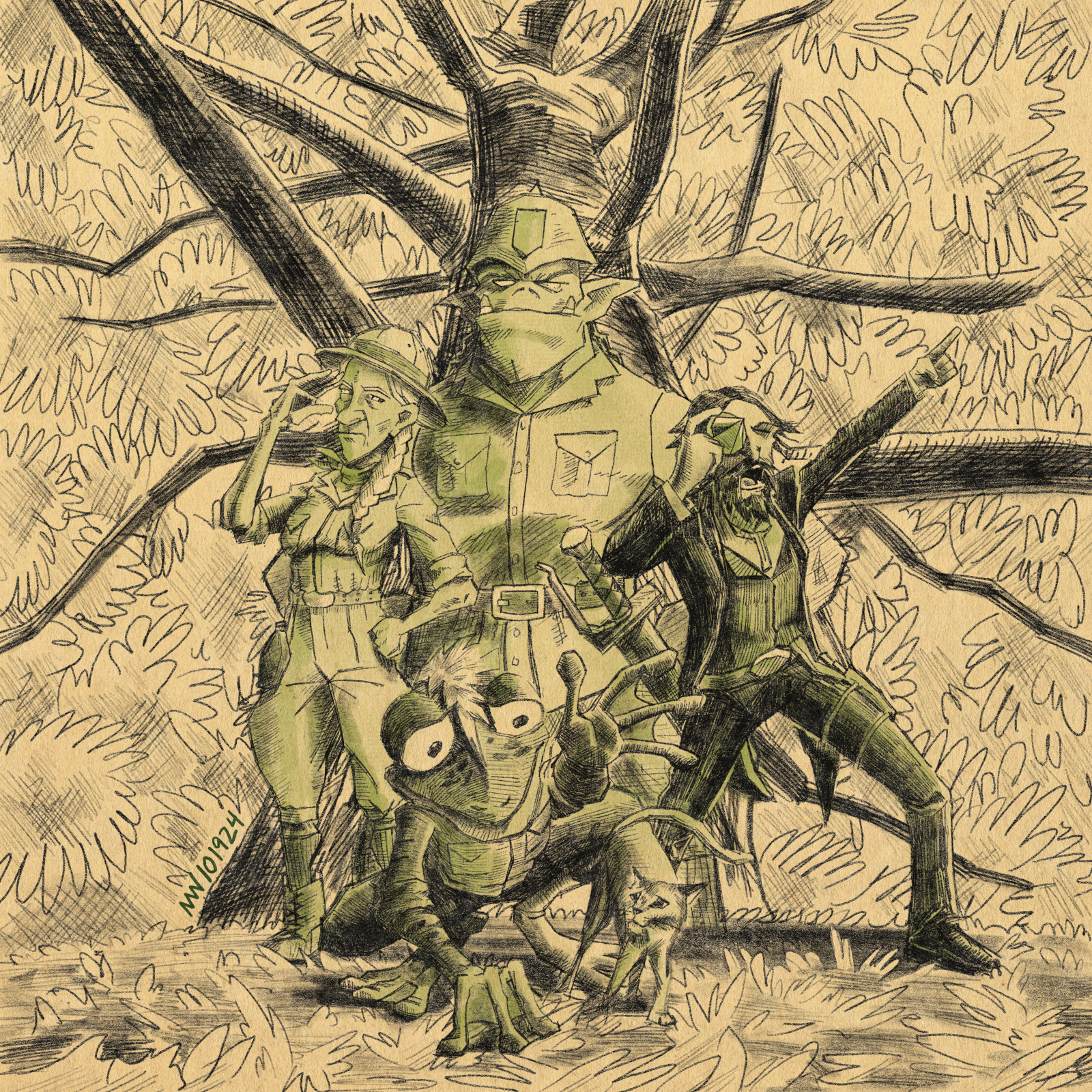 The crew stands in a forest, with Dabwick as a Grippli and Grip and Dora in safari gear.