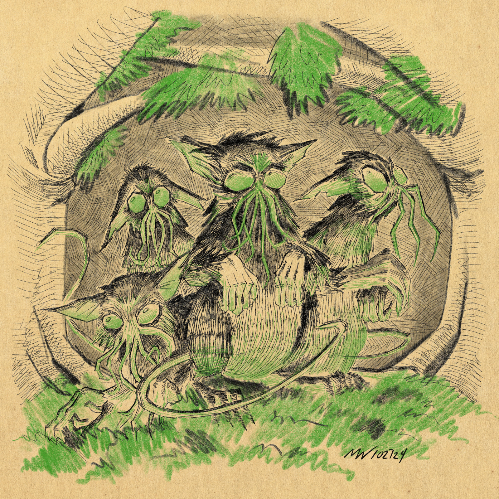 Four Zoogs stare out from tree cover.