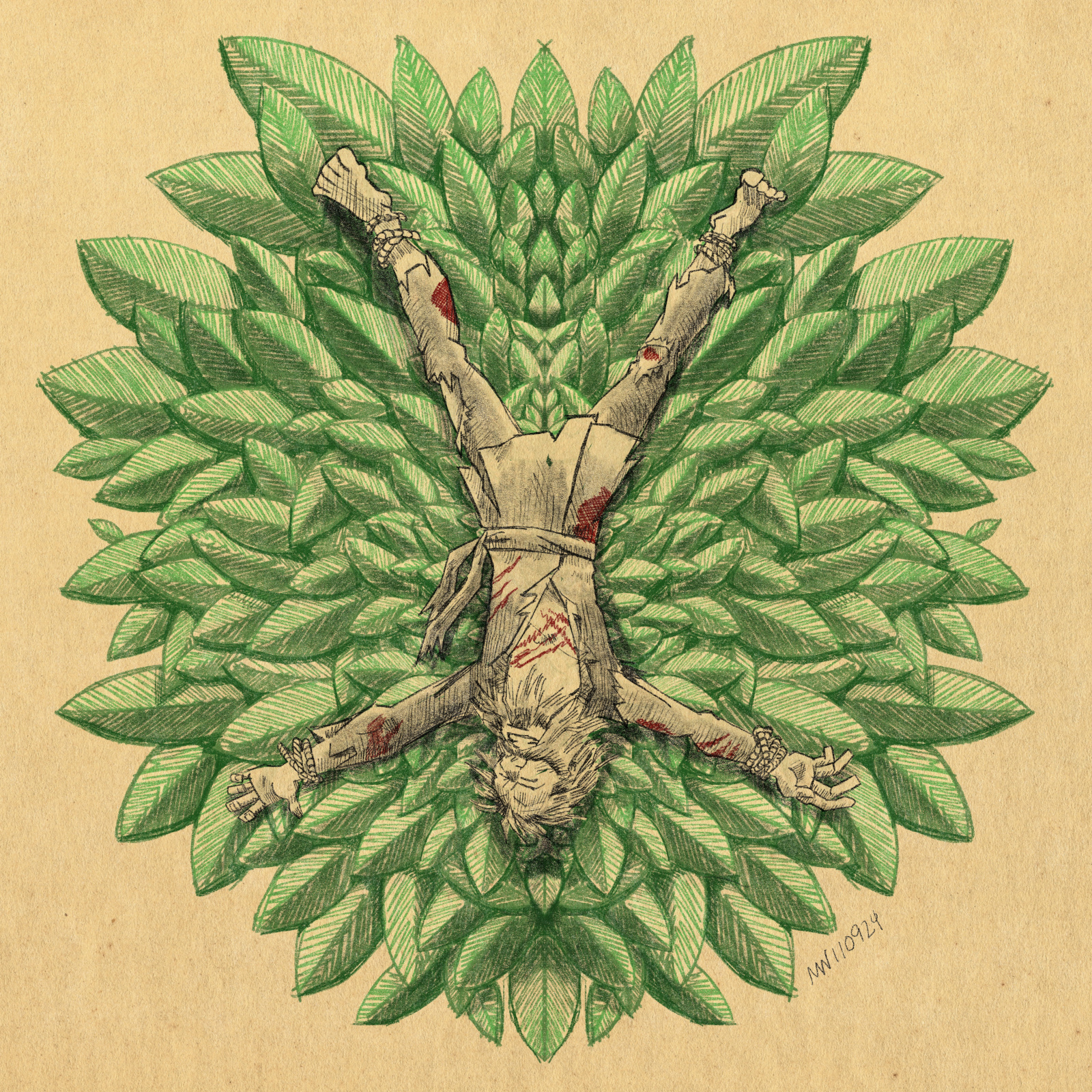 An injured man is bound to a giant leaf.