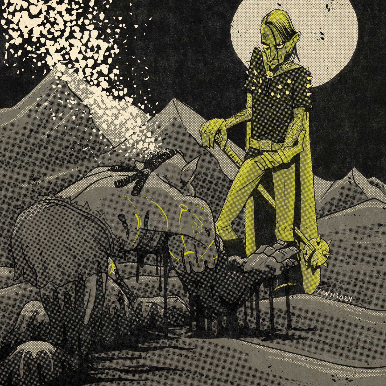 Grip, covered in inky oil, crawls before the standing figure of Ray.