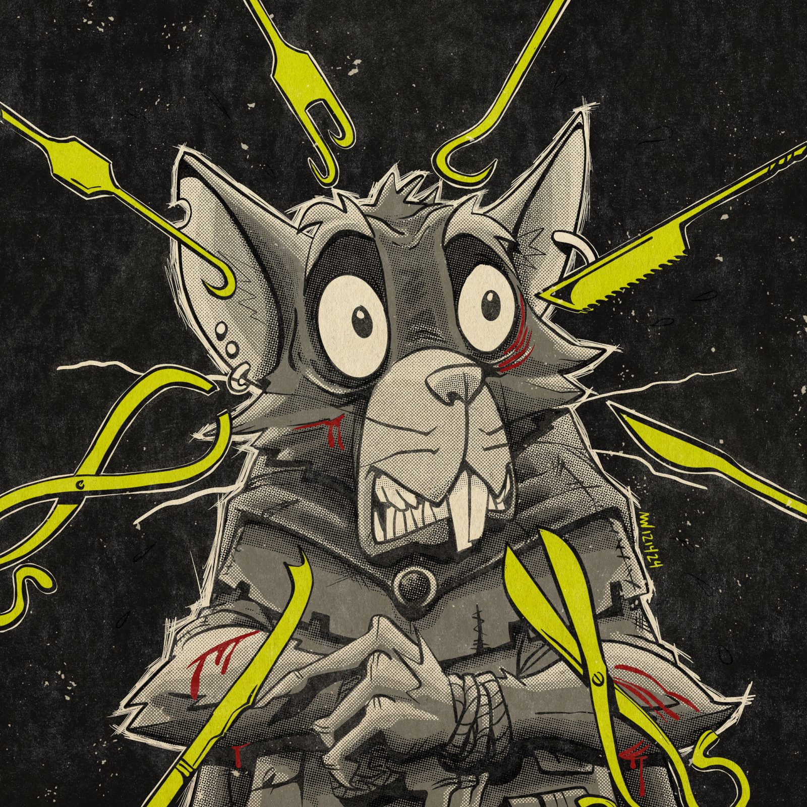 A terrified ratfolk huddles under menacing surgical tools.
