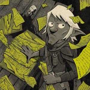 Dabwick stands before a ruined book, amidst scraps of torn parchment.