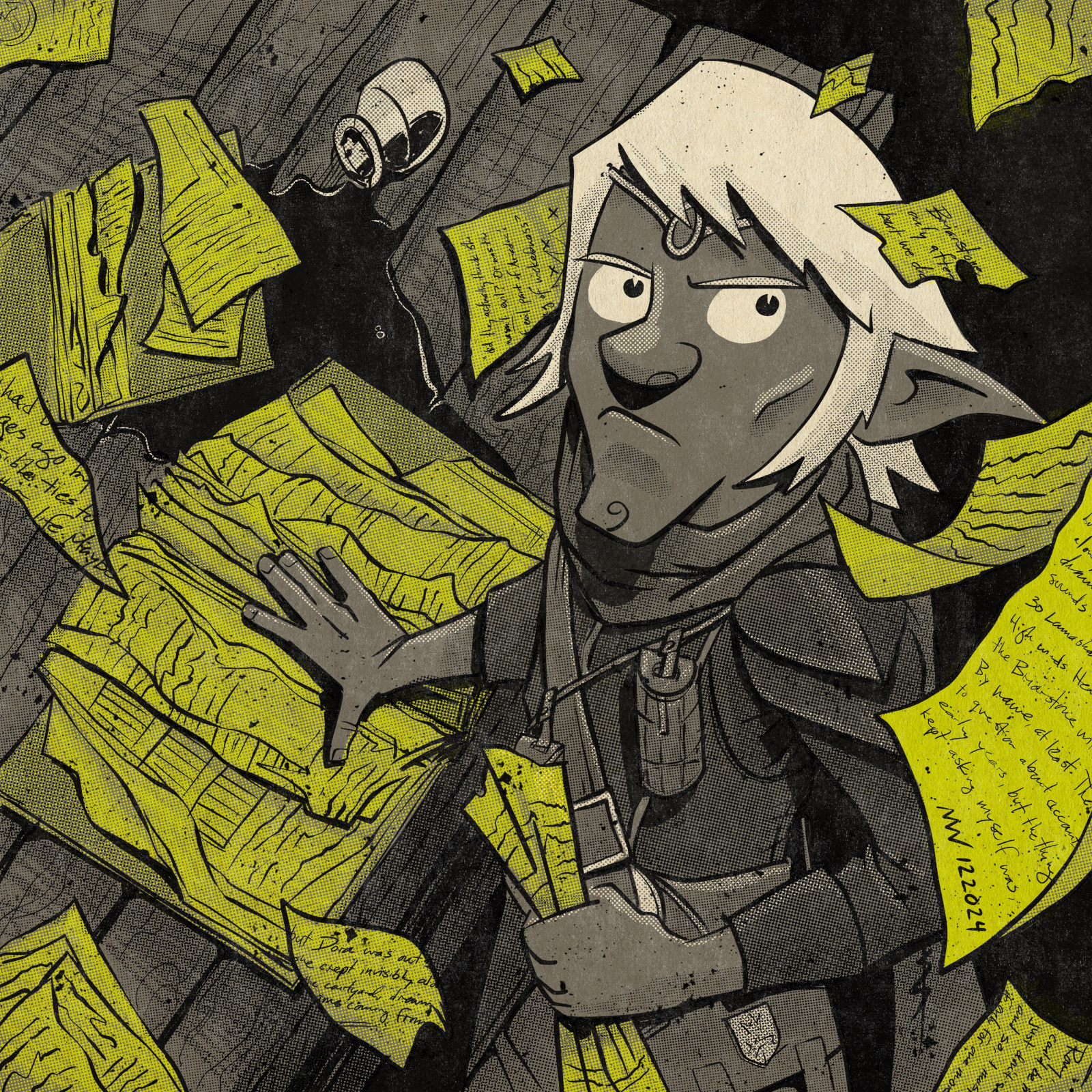 Dabwick stands before a ruined book, amidst scraps of torn parchment.