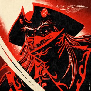 A masked figure wearing a tricorne hat menaces with a curved sword.