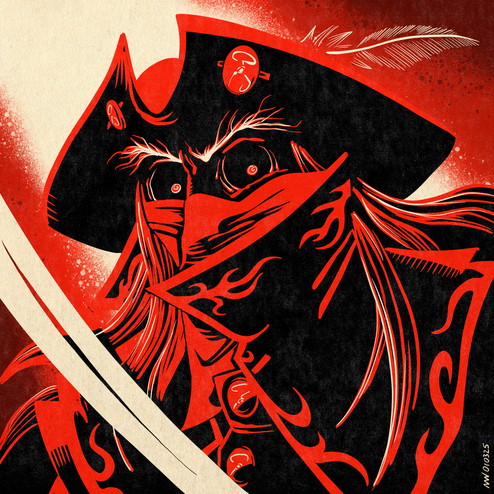 A masked figure wearing a tricorne hat menaces with a curved sword.