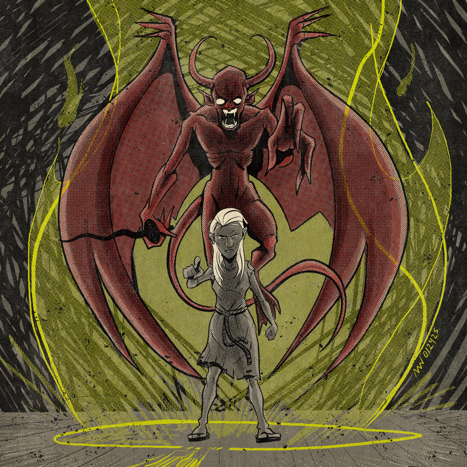 An adolescent Thema stands with an infernal creature in a summoning circle that has been broken.