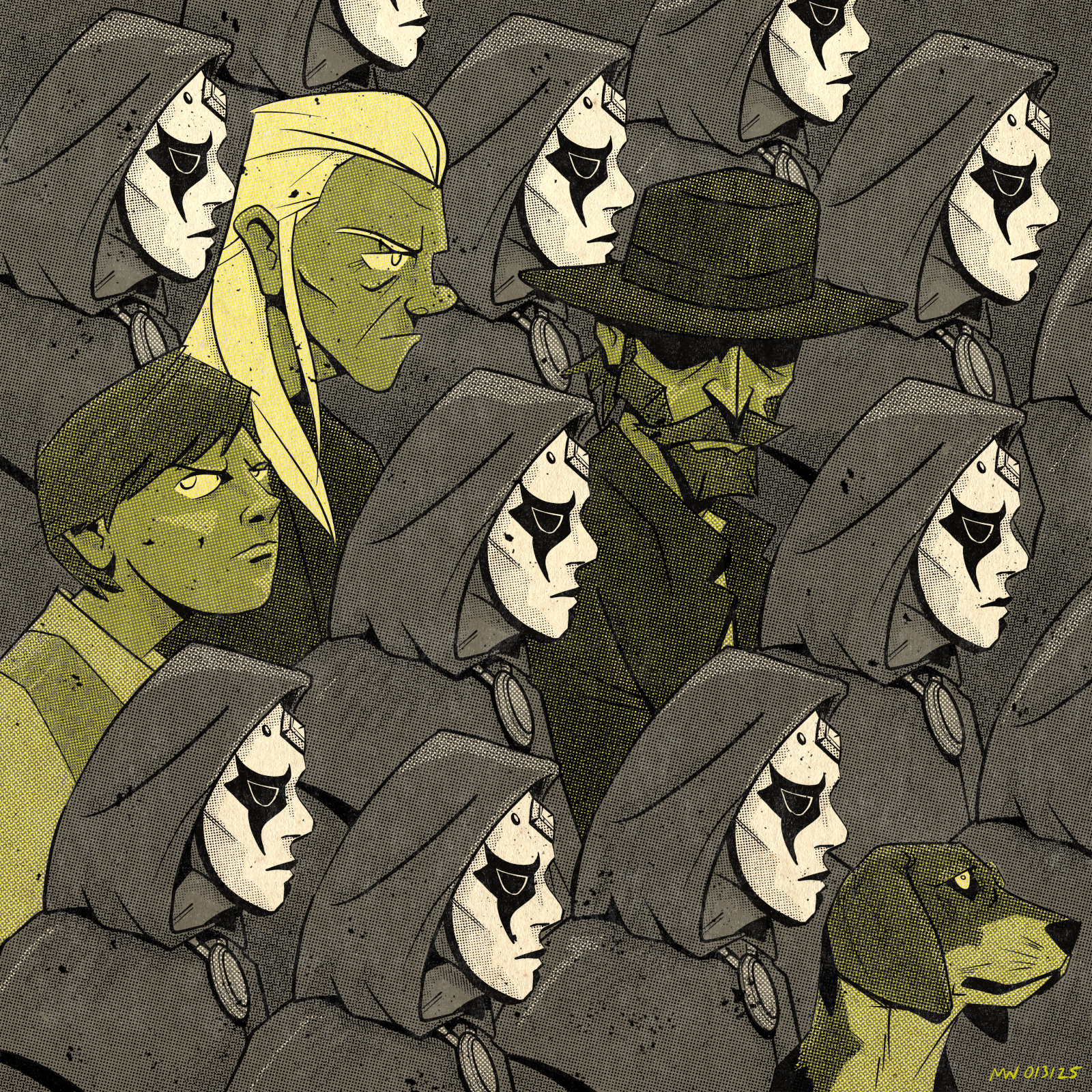 The party, in disguise, walking amidst a crowd of identically masked people.