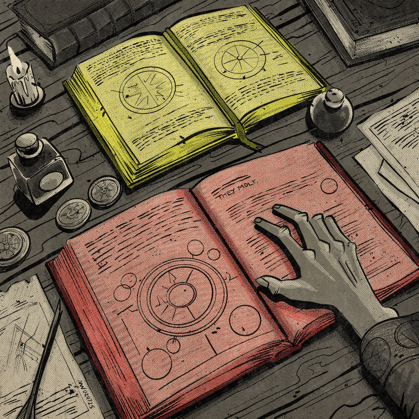 Two journals lie open on a table, one yellow and one red.