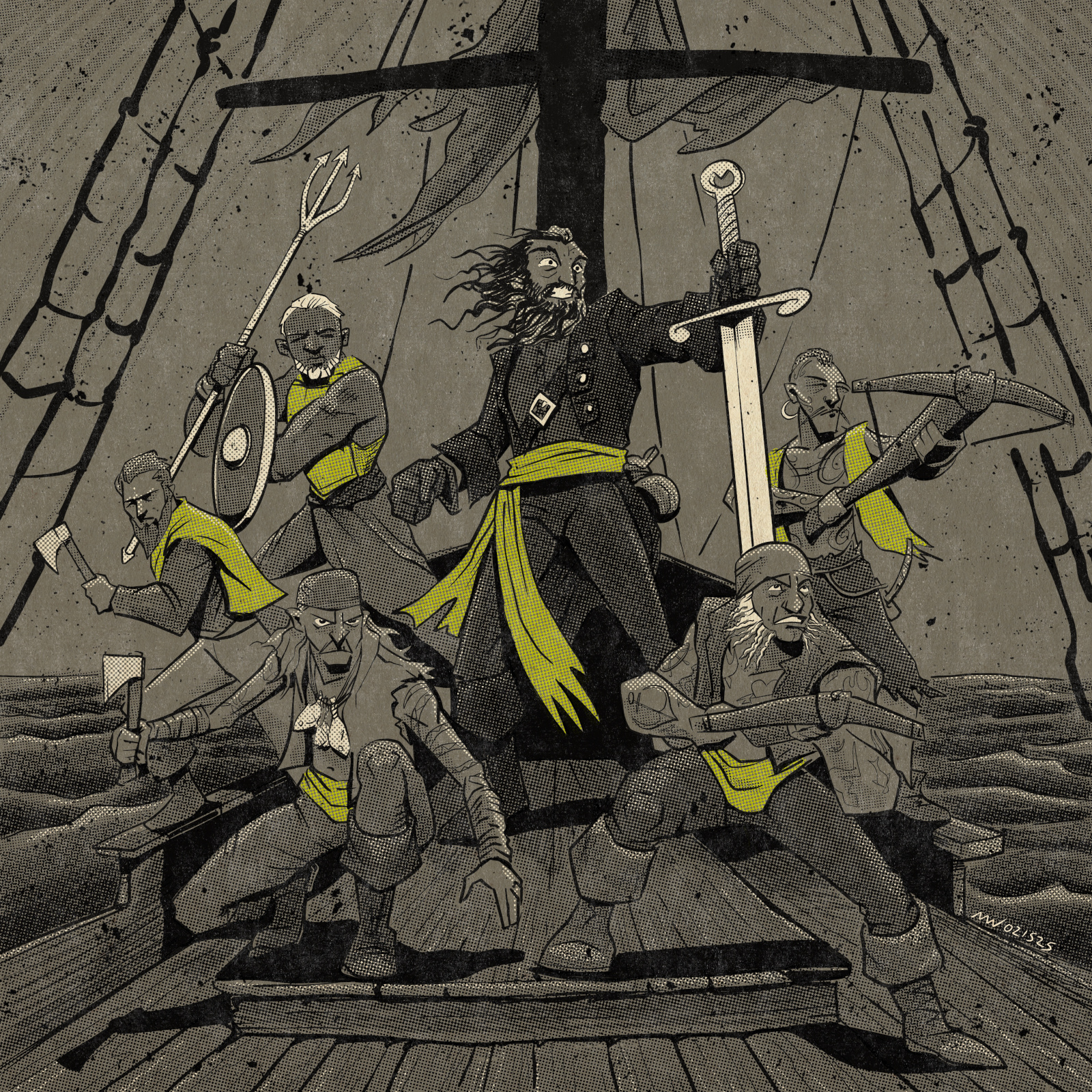 A group of pirates, led by a captain holding a tall great sword, glares menacingly.