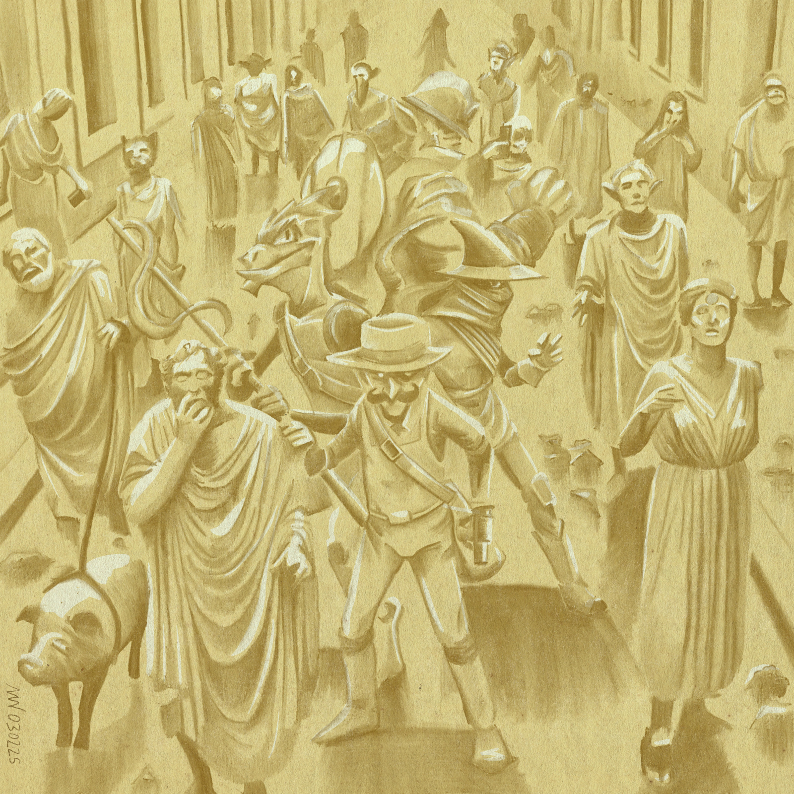 The party stands amidst a street full of statues of people in ancient Roman attire.