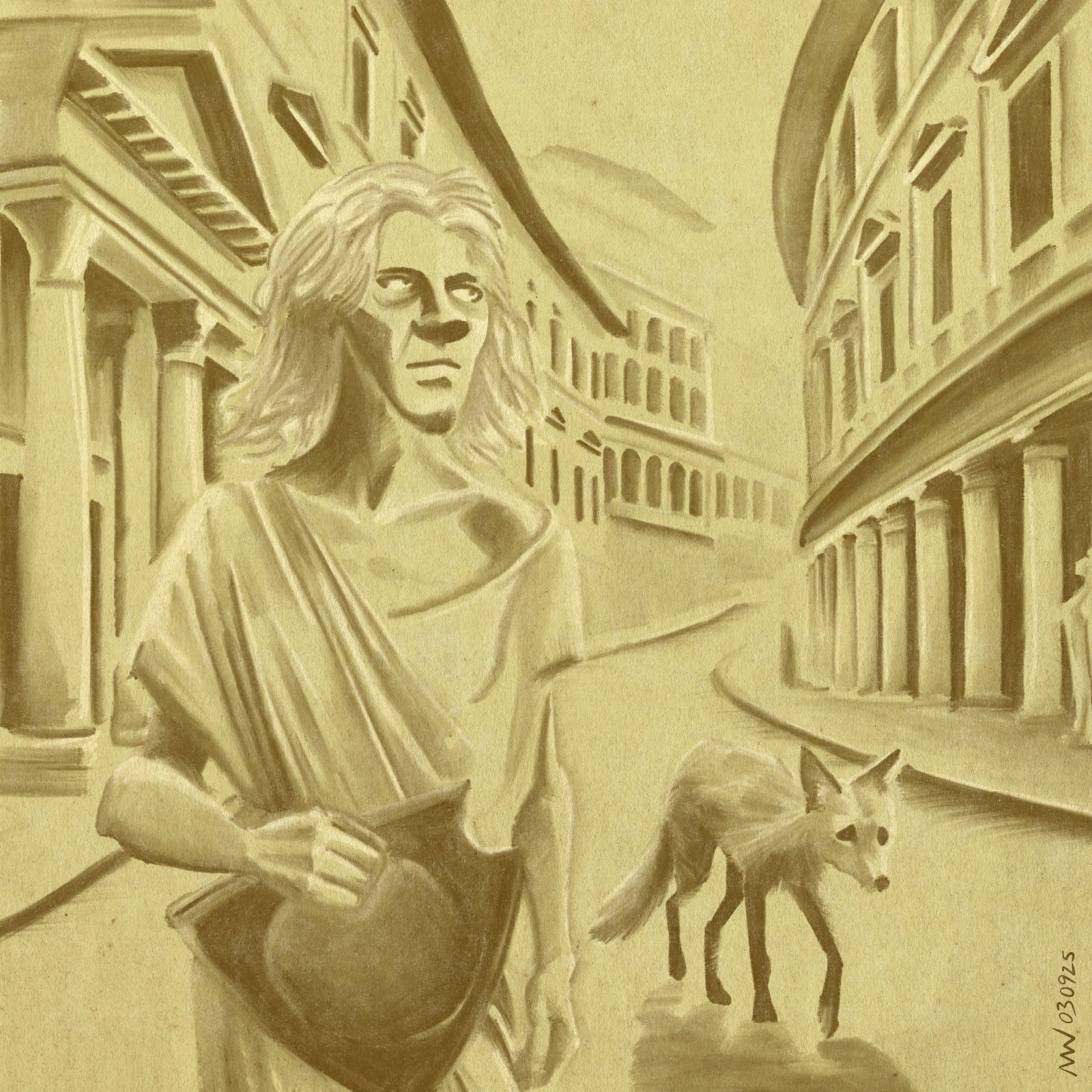A vacant-looking Thema walks through a city, holding a tricorne hat, and trailed by a miserable fox.