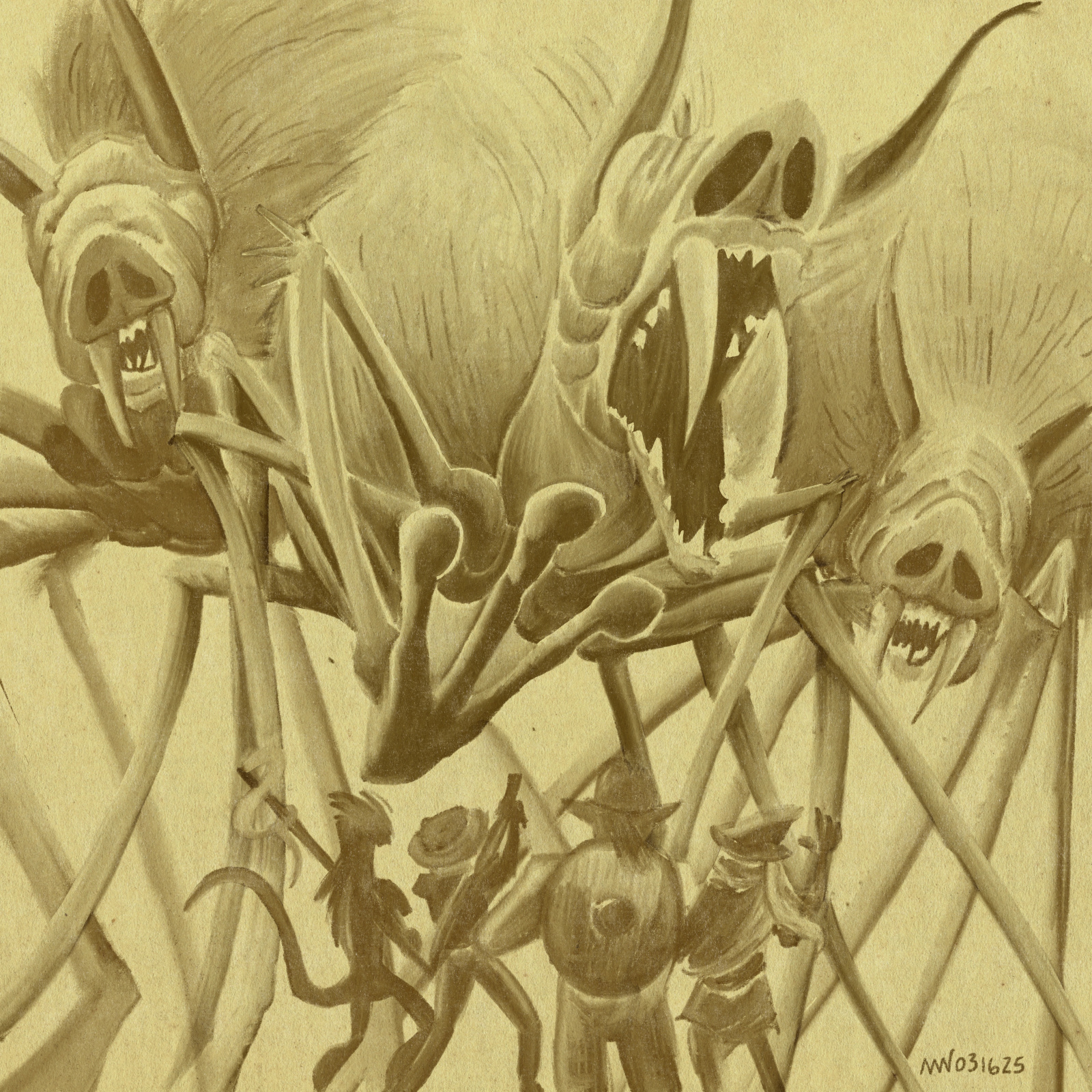 The party huddles beneath the many legs of three giant wamps.