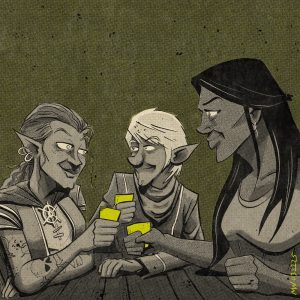 Dabwick and Skywin sit at a table with a human woman, all enjoying a drink.