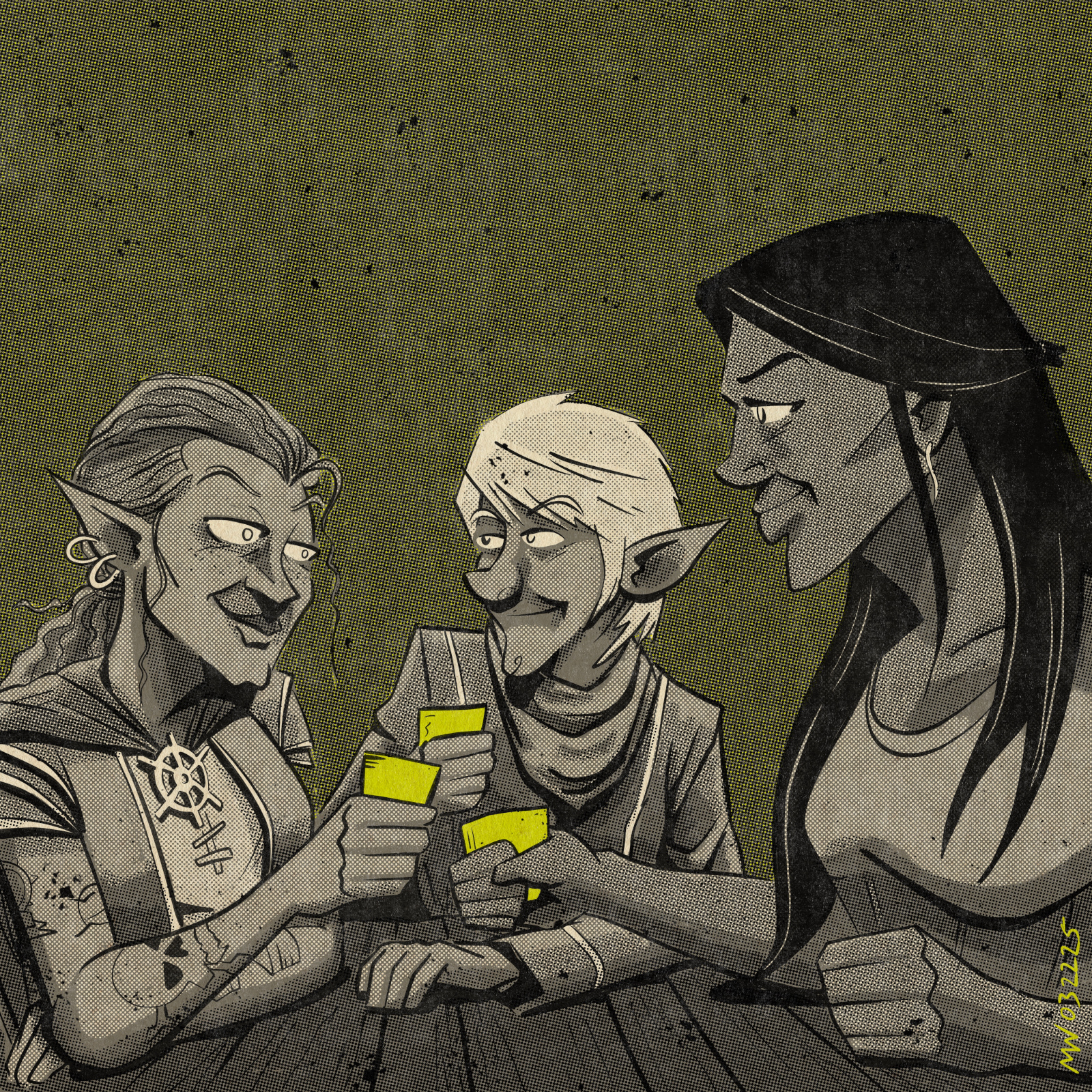 Dabwick and Skywin sit at a table with a human woman, all enjoying a drink.