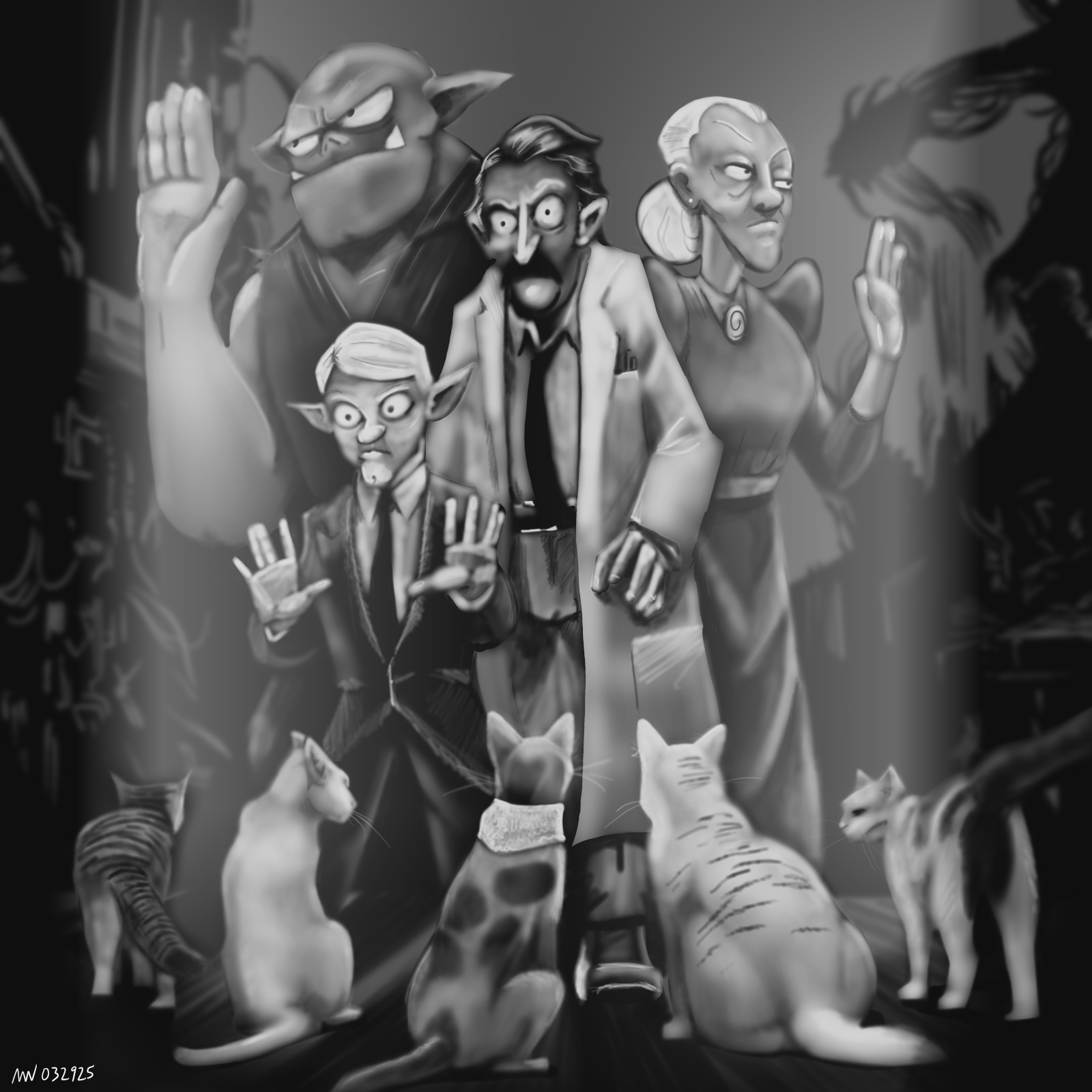 The party, wearing professional clothing, standing amidst a group of cats.