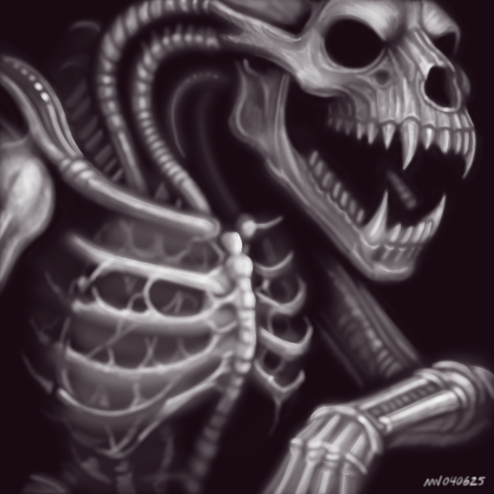 A skeletal figure with sharp teeth looms in the darkness.