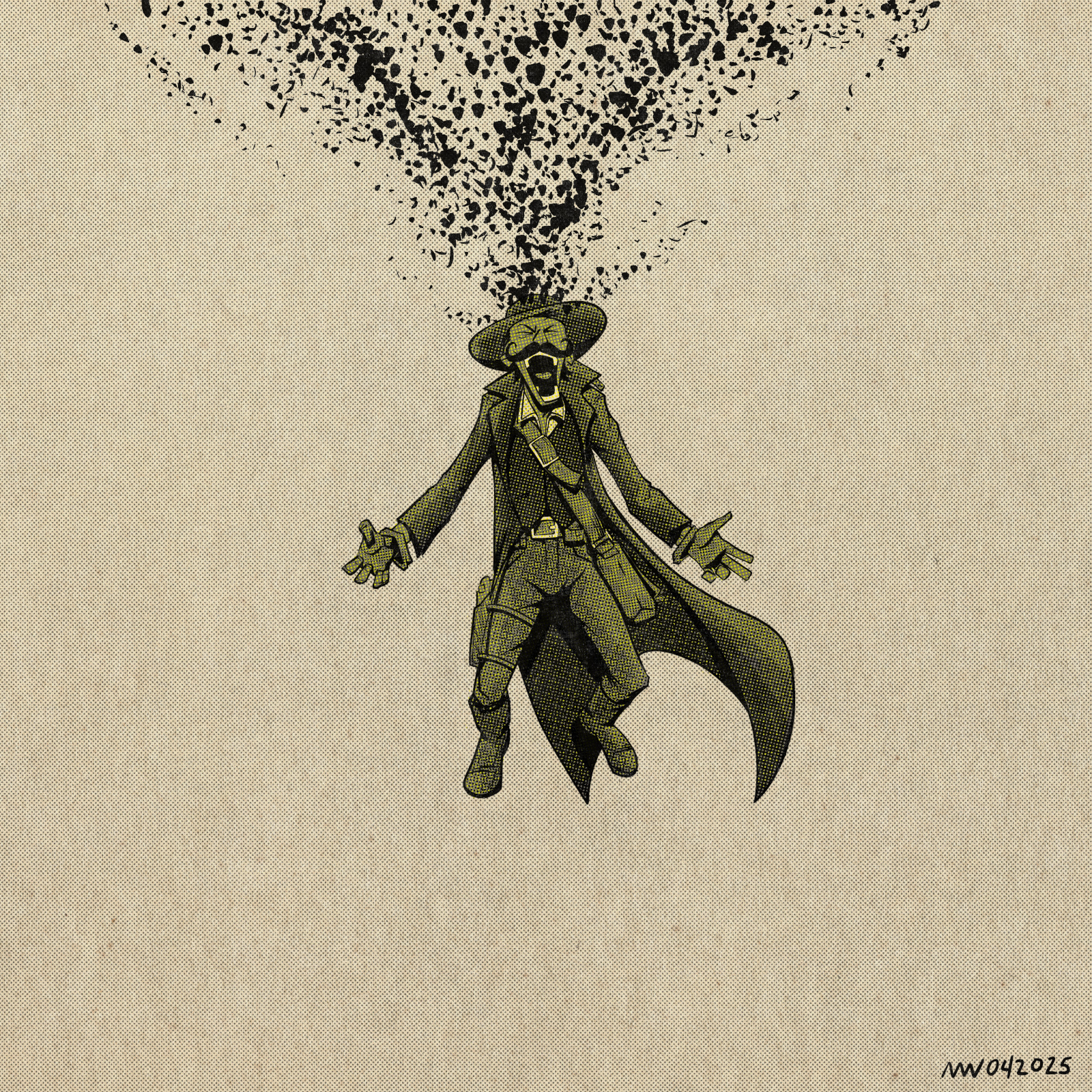 Vik hovers in an empty space, screaming, while little black dots leak out of his head.