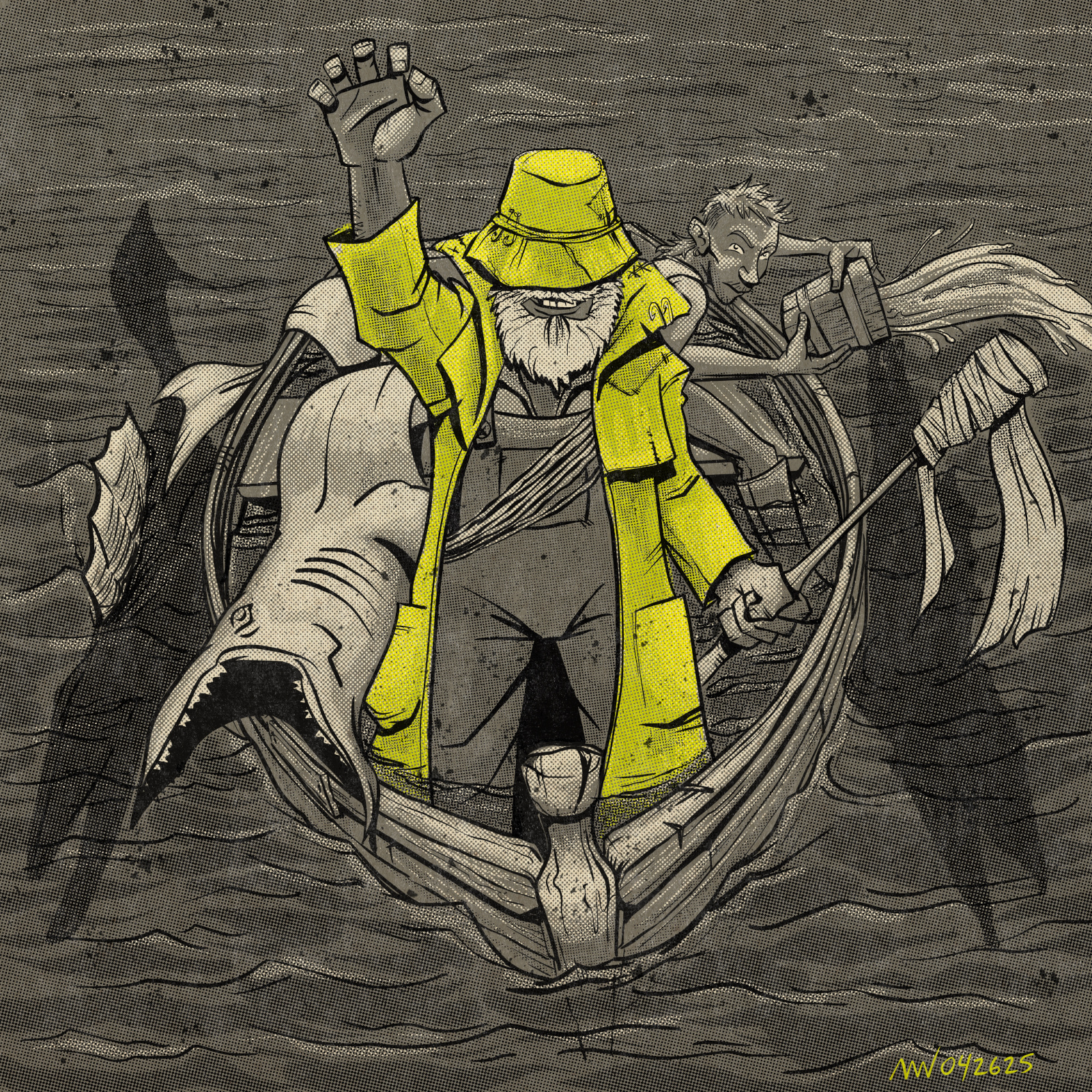 A fisherman stands at the front of a sinking rowboat waving for help, while another man bails water behind him. A giant fish is in the boat, and two of the same swim alongside it.