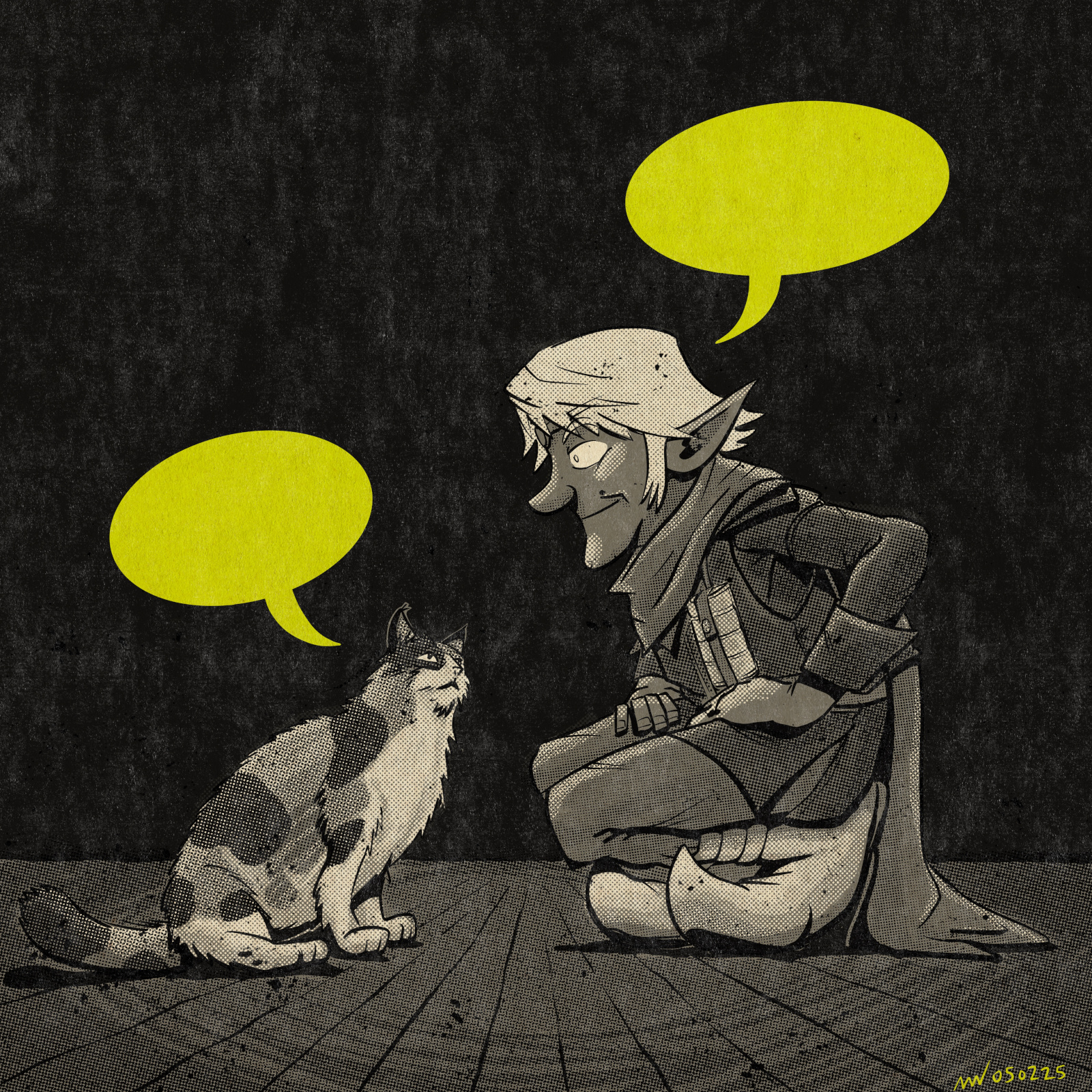 Dabwick kneels down toward a calico cat, and word bubbles float above both.