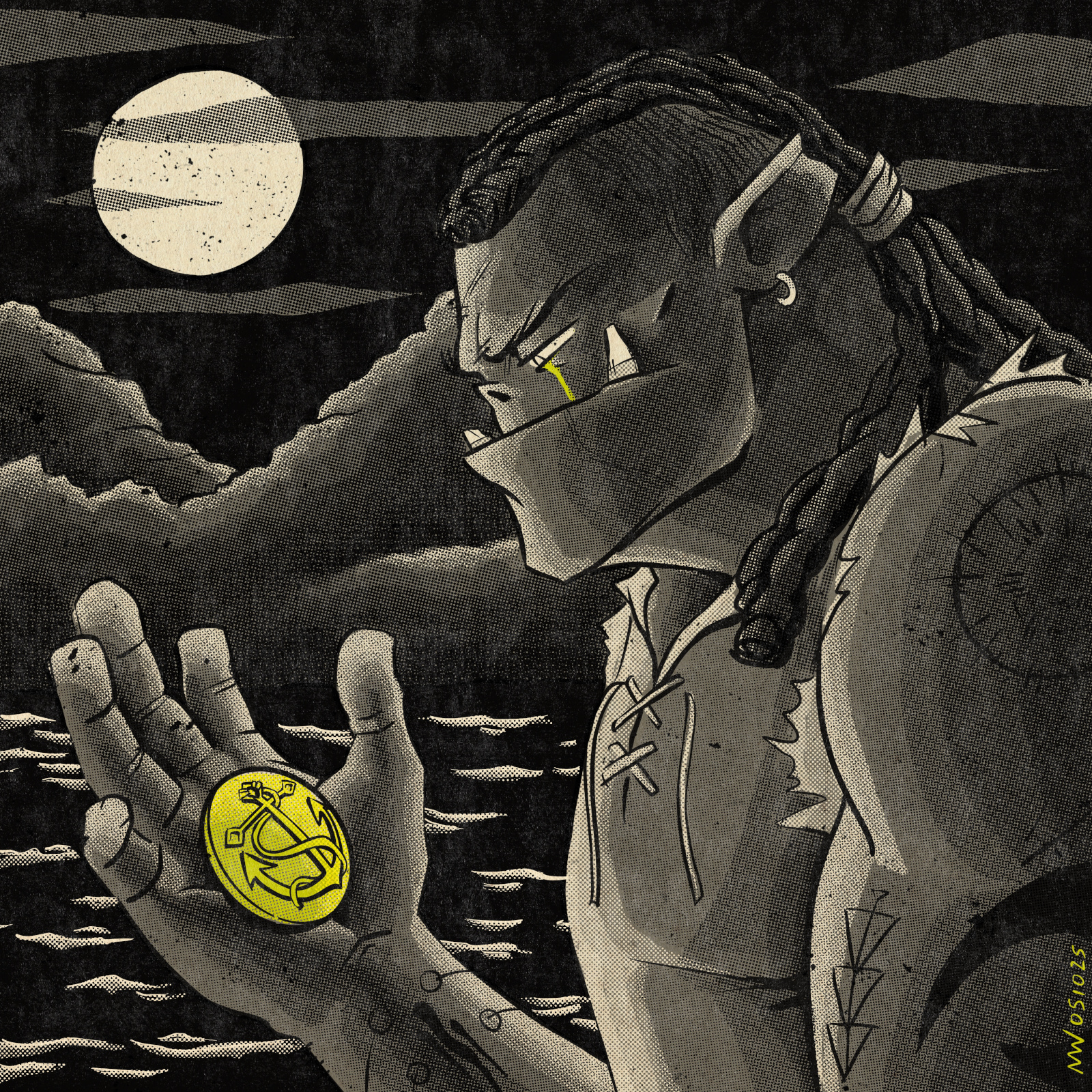 Grip stares at a small badge with an anchor on it, as a tear leaks from his eye.