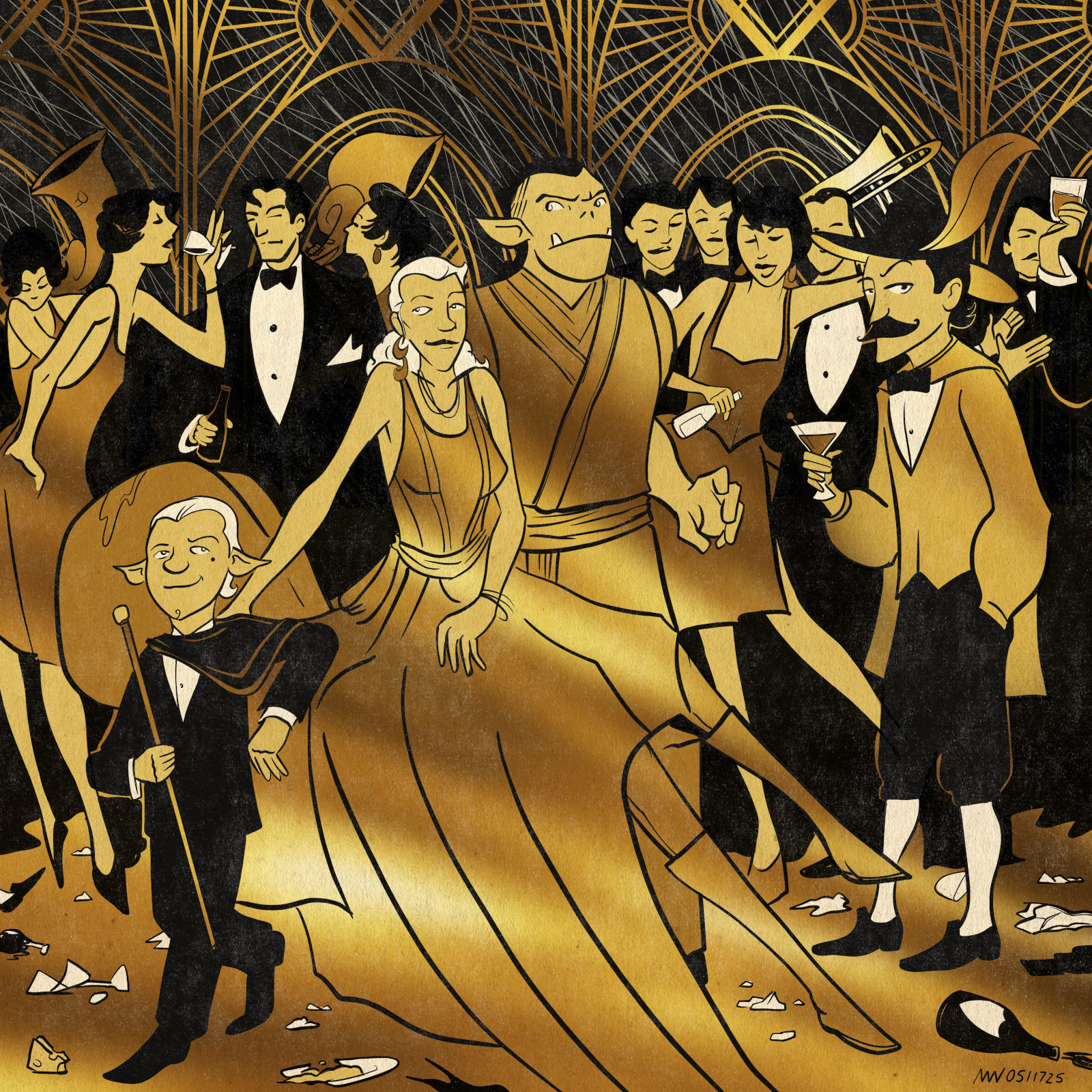 The party stands amidst an Art Deco-style gathering of dancers and revelers.